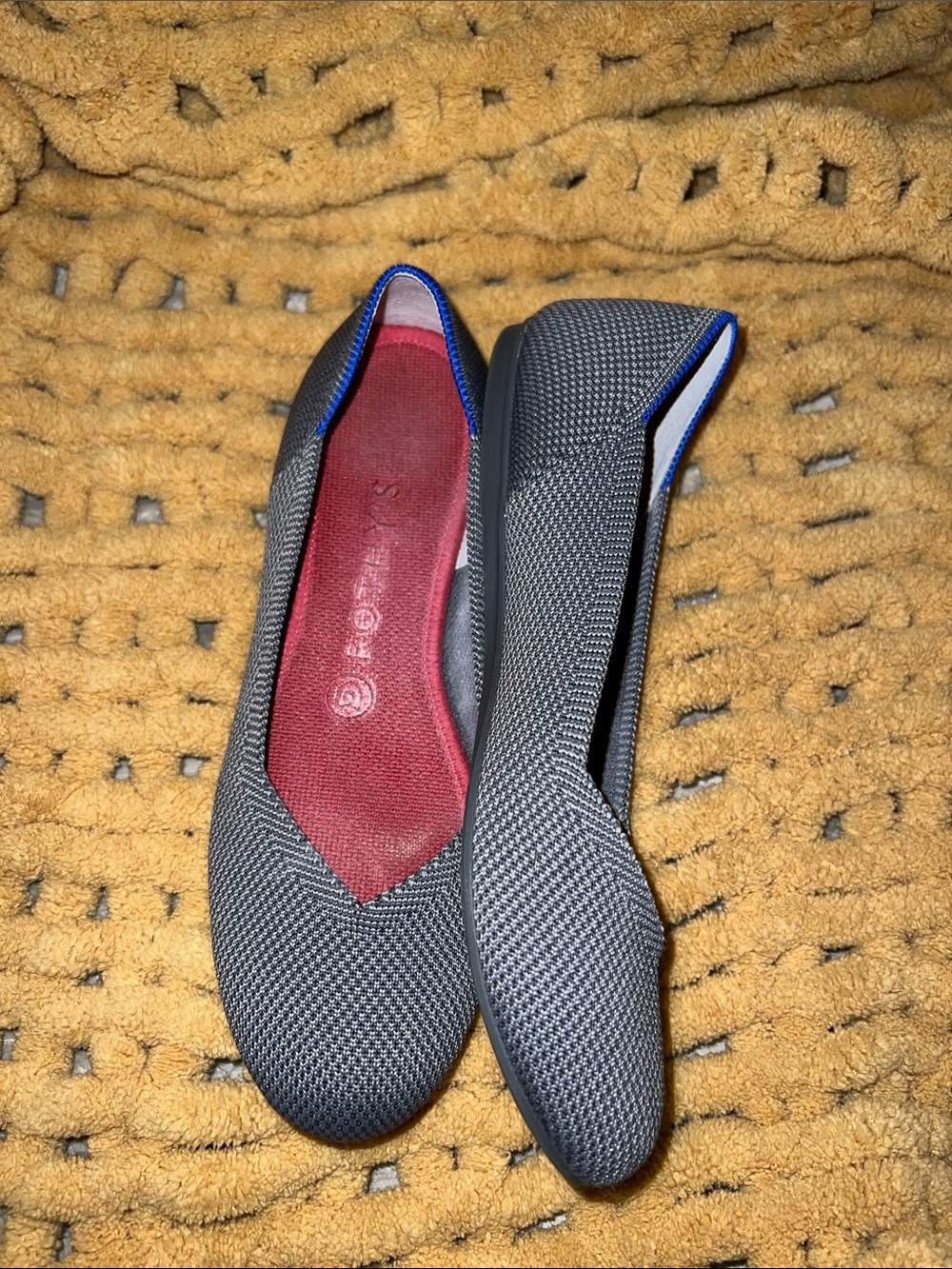 Rothy's Gray Knit Ballet Flats with Rec Insole and Blue Trim